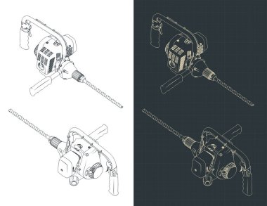 Güçlü çekiç matkabının izometrik planlarının stilize vektör çizimi