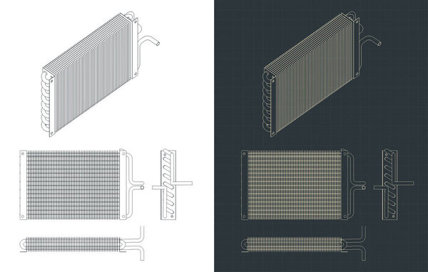 Стилизованные векторные иллюстрации чертежей теплообменника для кондиционирования воздуха