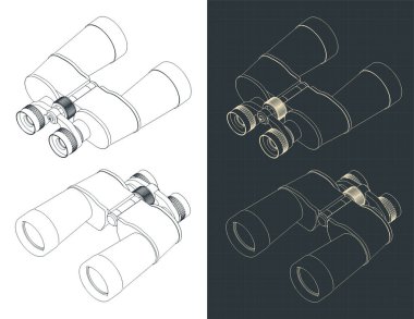 Stylized vector illustrations of isometric blueprints of binoculars