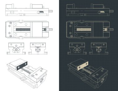 Stylized vector illustrations of blueprints of machine vice