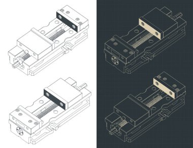 Stylized vector illustrations of isometric blueprints of machine vice