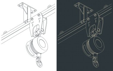 Stylized vector illustrations of blueprints of crane trolley