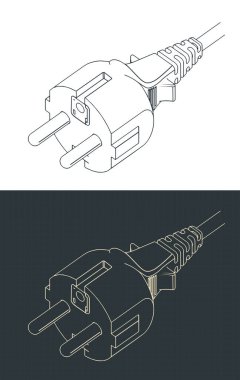Stylized vector illustrations of isometric blueprints of European power plug