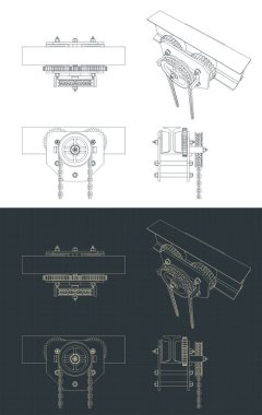 Stylized vector illustrations of blueprints of trolley chain hoist