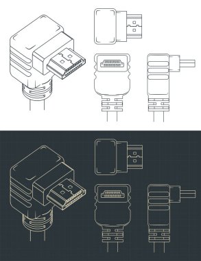 HDMI erkek açısal dolgusunun planlarının biçimlendirilmiş vektör çizimleri