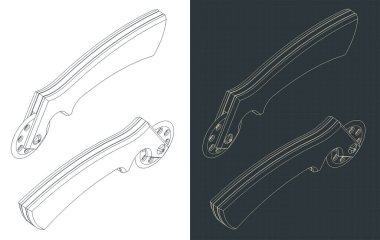 Döner kesicinin izometrik planlarının biçimlendirilmiş vektör çizimleri