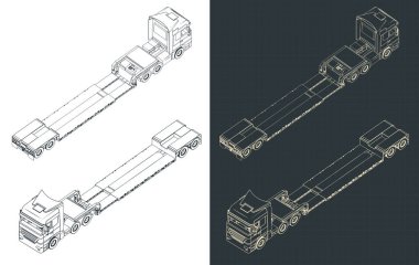 Stylized vector illustration of isometric blueprints of a large truck with low bed trailer