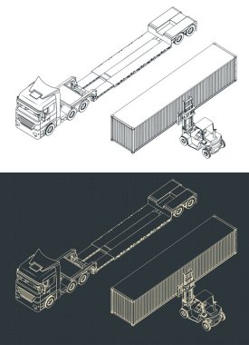 Truck with low loader trailer, forklift and container isometric illustration