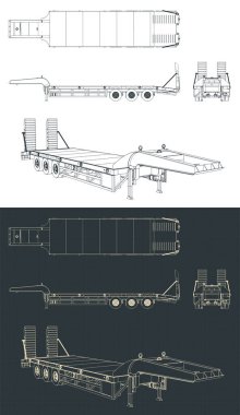 Stylized vector illustration of blueprints of low bed trailer