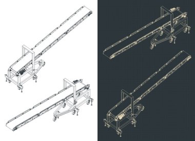 Stylized vector illustration of isometric blueprints of inclination loading conveyor