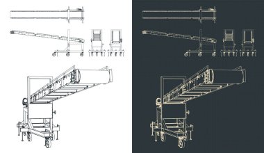 Stylized vector illustration of blueprints of inclination loading conveyor