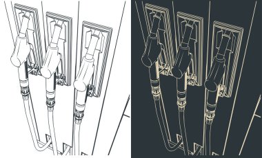 Stylized vector illustration of gasoline pistols at a gas station close-up