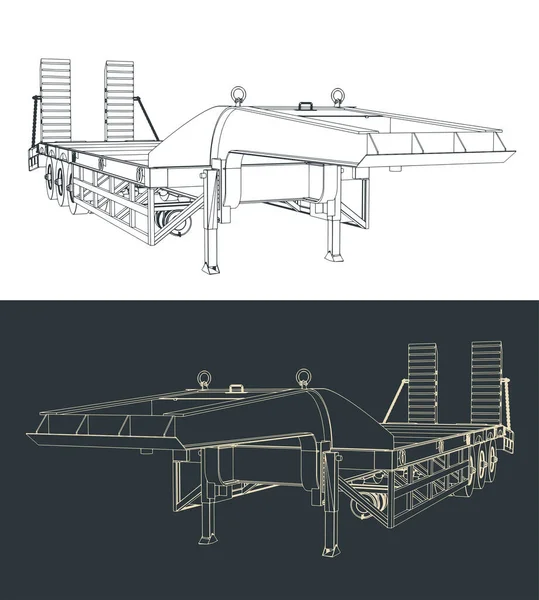 Stylized vector illustration of blueprints of low bed trailer