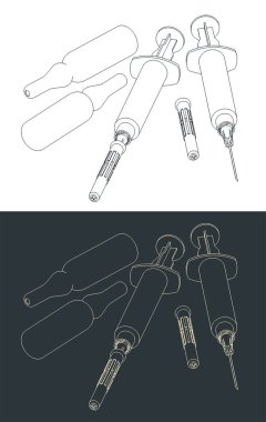 Stylized vector illustrations of disposable syringe with needle and ampules