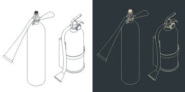 Stylized vector illustrations of isometric blueprints of fire extinguishers