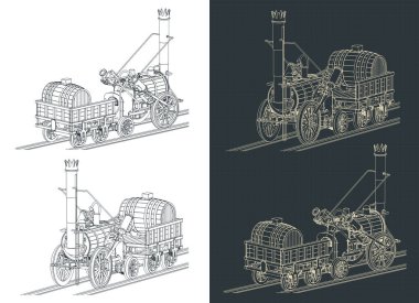 Stylized vector illustrations of Robert Stephenson`s Rocket steam locomotive, created in 1829