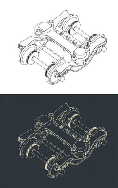 Stylized vector illustration of isometric blueprints of wheelbase of train