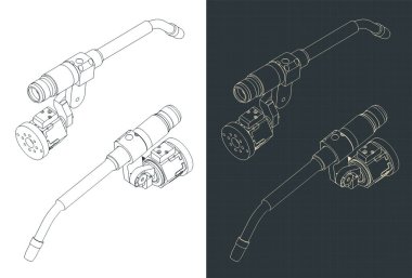 Kaynak robotu için kaynak makinesinin izometrik planlarının stilize vektör çizimi