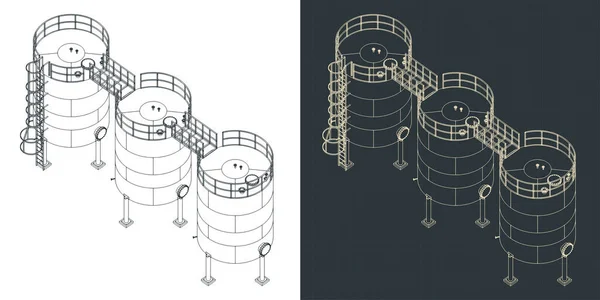 Illustrazione Vettoriale Stilizzata Cianografie Isometriche Grandi Serbatoi Acciaio Inox Fermentazione — Vettoriale Stock