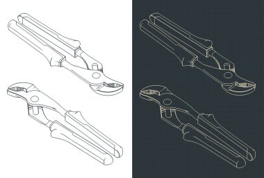 Kayma ortak su pompası pensesinin izometrik planlarının biçimlendirilmiş vektör çizimi