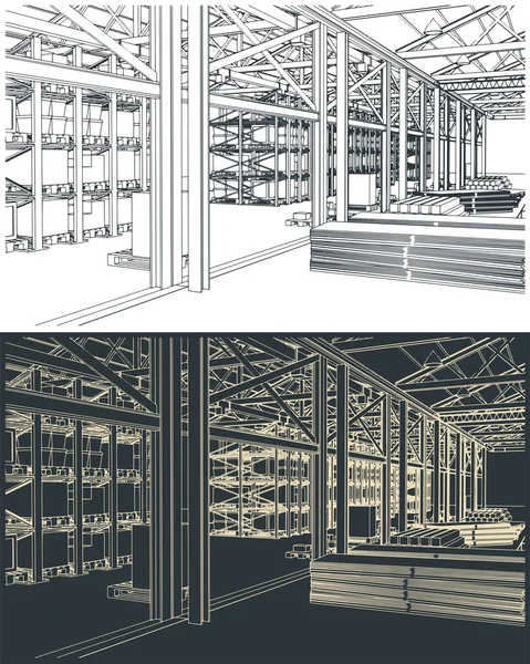 一个装有箱子 货架和货物的大型仓库的内部图解 — 图库矢量图片