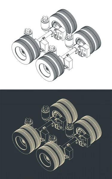 Illustrazione Stilizzata Dei Modelli Isometrici Dell Asse Sollevamento Rimorchio — Vettoriale Stock