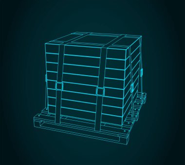 Palete sabitlenmiş paketlenmiş yükün biçimlendirilmiş vektör çizimi