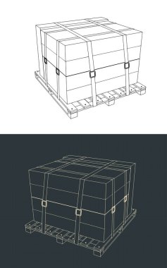 Palete sabitlenmiş paketlenmiş yükün biçimlendirilmiş vektör çizimi