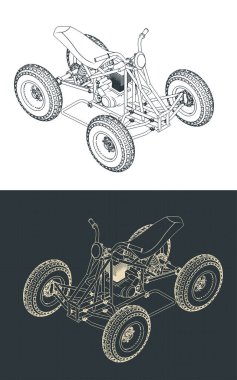 Dörtlü bisikletin izometrik planlarının biçimlendirilmiş vektör çizimi