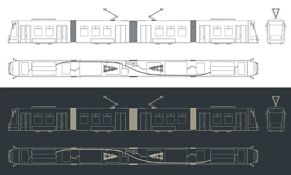 Gestileerde Vector Illustratie Van Blauwdrukken Van Moderne Tram — Stockvector