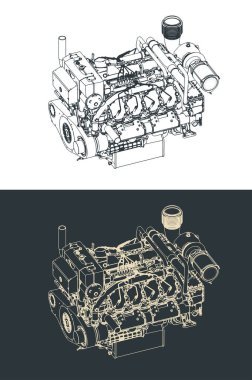 Ağır donanımlı dizel motorun planlarının stilize edilmiş vektör çizimi
