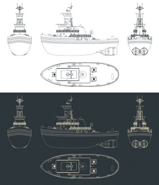 Römorkör teknesinin planlarının biçimlendirilmiş vektör çizimi