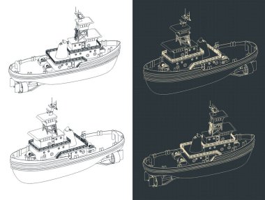 Römorkör teknesinin izometrik planlarının biçimlendirilmiş vektör çizimi