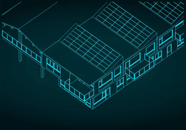 Stilisierte Vektorillustrationen Isometrischer Baupläne Energieeffizienter Stadthäuser — Stockvektor