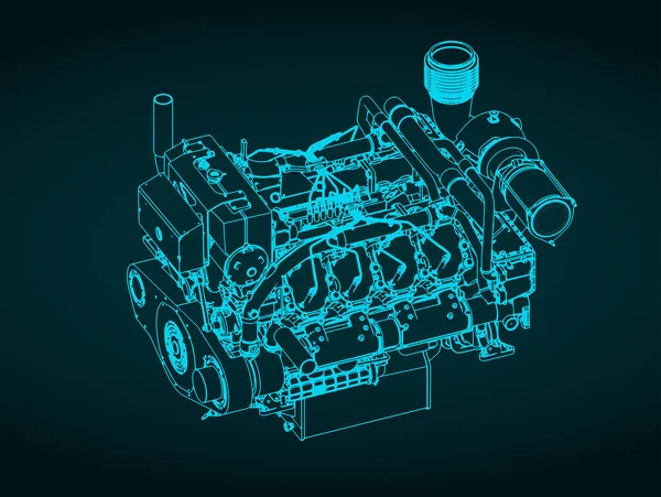 Nagy Teljesítményű Tengeri Dízelmotor Tervrajzának Stilizált Vektoros Ábrázolása — Stock Vector