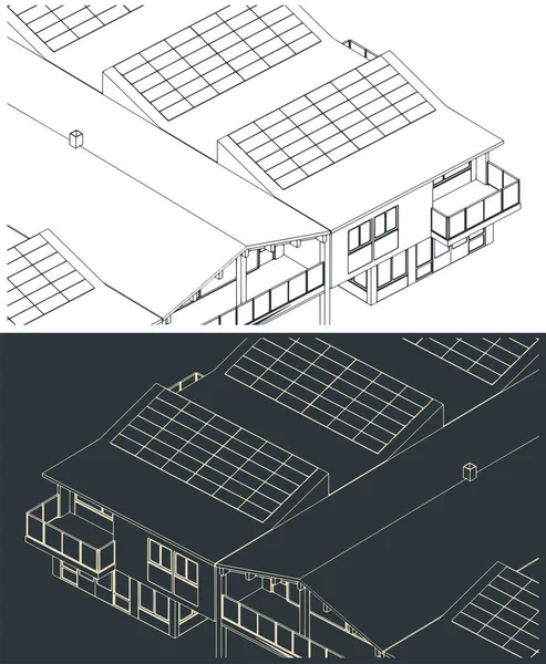 Ilustraciones Vectoriales Estilizadas Planos Casas Adosadas Energéticamente Eficientes — Vector de stock