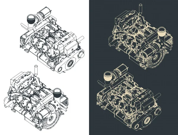 Ilustración Vectorial Estilizada Planos Isométricos Del Motor Diesel Marino Alta — Archivo Imágenes Vectoriales