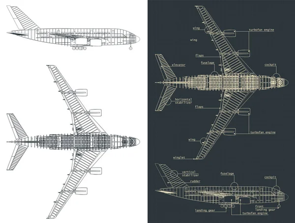 Stylizowane Wektorowe Ilustracje Planów Dużych Samolotów Pasażerskich — Wektor stockowy