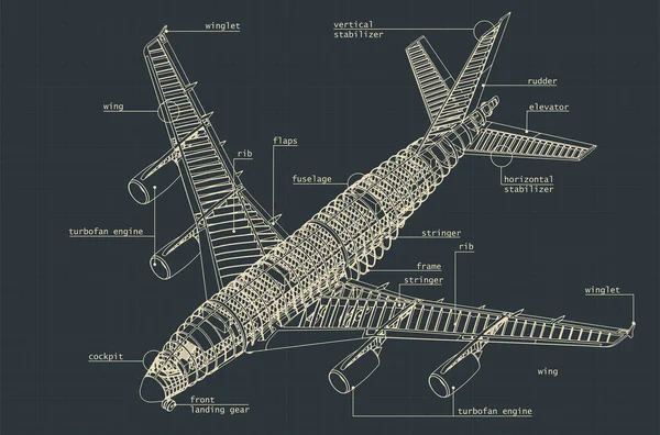Gestileerde Vectorillustratie Van Isometrische Blauwdruk Van Groot Passagiersvliegtuig — Stockvector