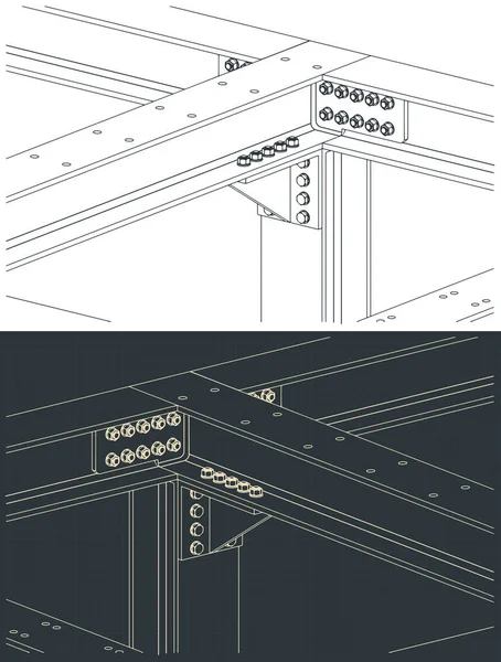 Stilisierte Vektorillustration Isometrischer Baupläne Von Stahlträger Balken Verbindungen — Stockvektor