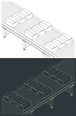 Depolar için otomatik taşıyıcı hattının izometrik çizimlerinin biçimlendirilmiş vektör çizimleri