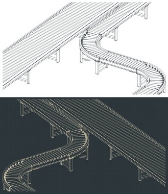 Fabrika ve depolar için otomatik taşıyıcı çizgilerinin biçimlendirilmiş vektör çizimleri