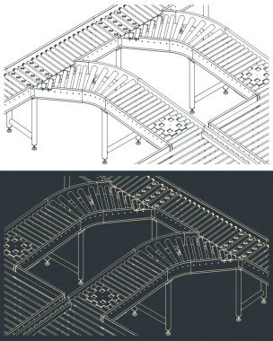 Fabrika ve depolar için otomatik taşıyıcı çizgilerinin biçimlendirilmiş vektör çizimleri