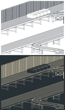 Fabrika ve depolar için otomatik taşıyıcı çizgilerinin biçimlendirilmiş vektör çizimleri