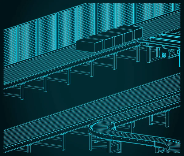 Ilustración Vectorial Estilizada Líneas Transportadoras Automatizadas Para Fábricas Almacenes — Vector de stock