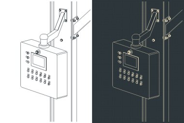 Makine kontrol panelinin planlarının biçimlendirilmiş vektör çizimleri