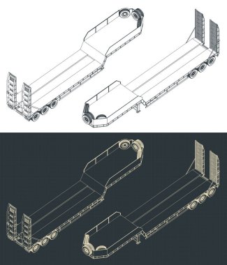 3 eksenli düşük yataklı römorkun izometrik planlarının biçimlendirilmiş vektör çizimleri