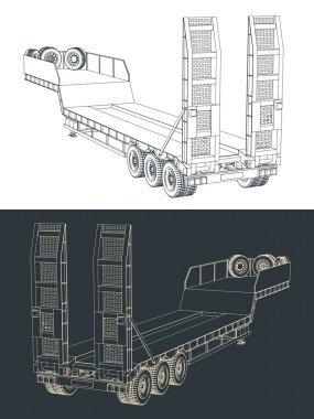 3 eksenli düşük yataklı karavanın planlarının biçimlendirilmiş vektör çizimleri