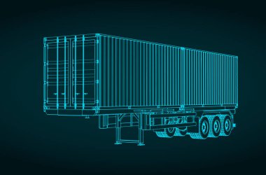 Stylized vector illustration of blueprint of tri-axle container trailer clipart