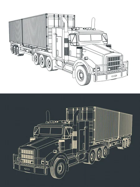 Gestileerde Vector Illustraties Van Blauwdrukken Van Container Trekker Vrachtwagen — Stockvector